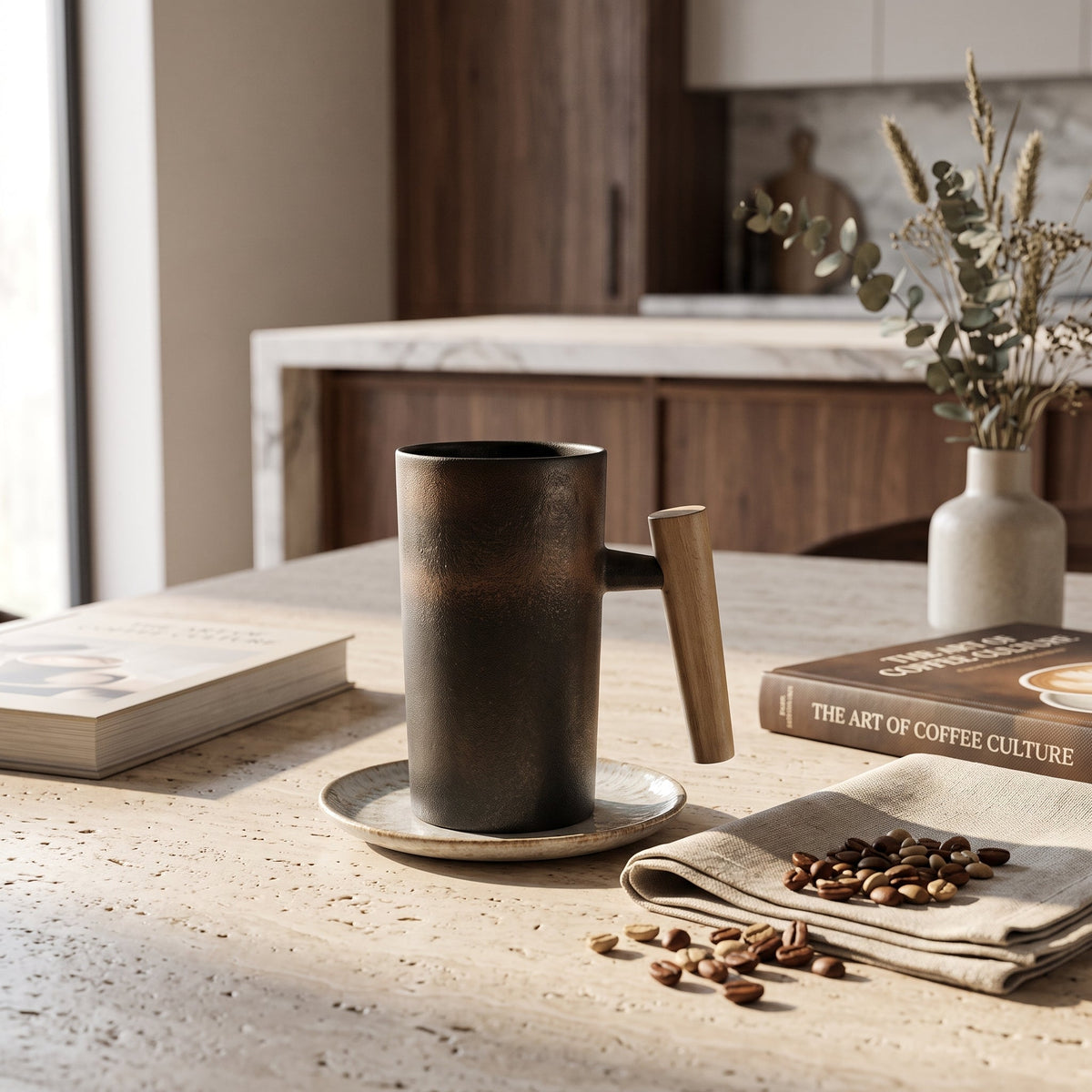 Ceramic Coffee Mug with Wooden Handle - volcanic