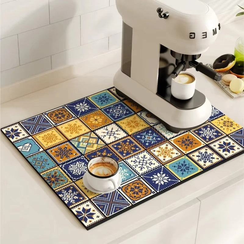 Kitchen dish drying mat with decorative pattern - blue yellow
