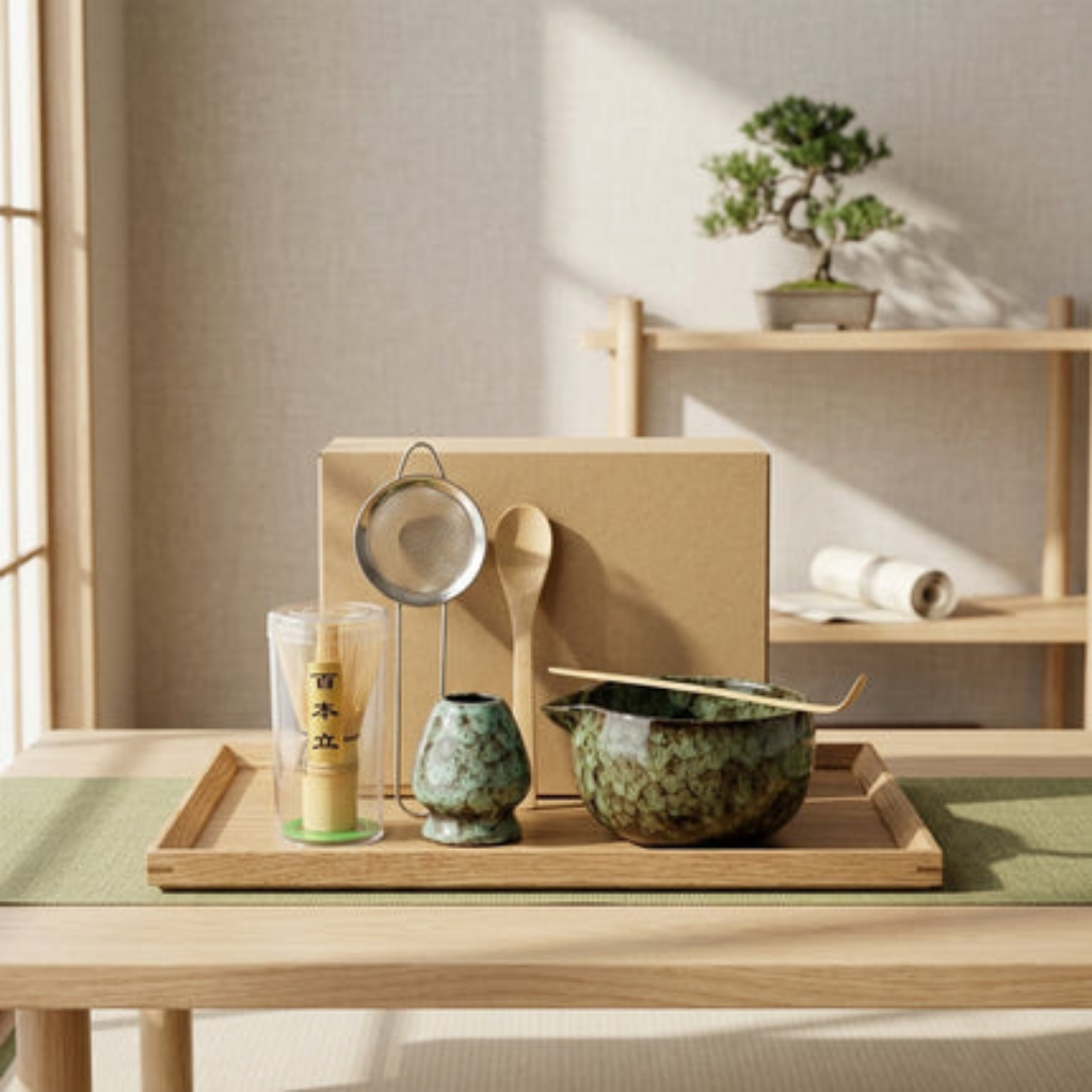 Matcha Tea Set Ceramic Bowls with Bamboo Whisk - cyan 6 pieces