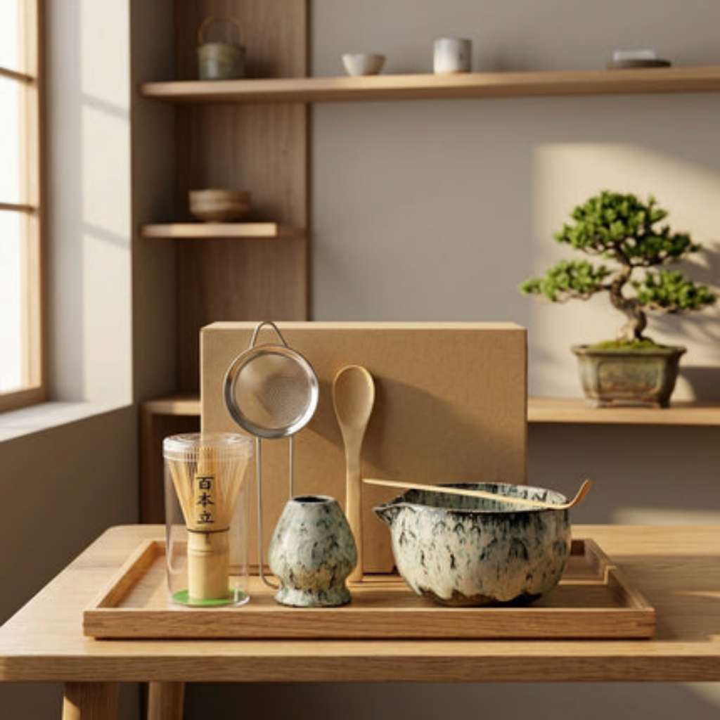 Matcha Tea Set Ceramic Bowls with Bamboo Whisk - light cyan 6 pieces