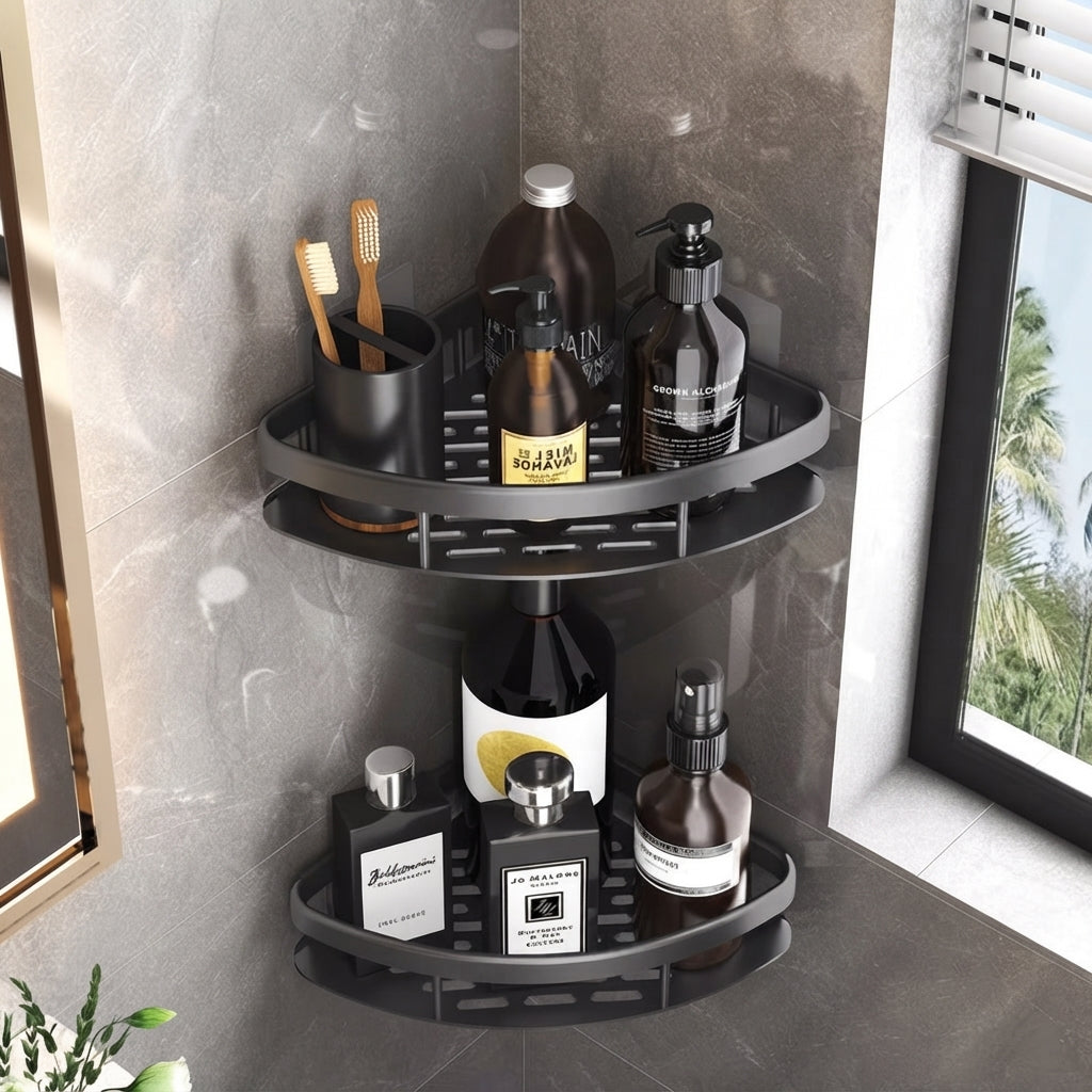 Shower Shelf with Corner Storage Wall Mounted - black