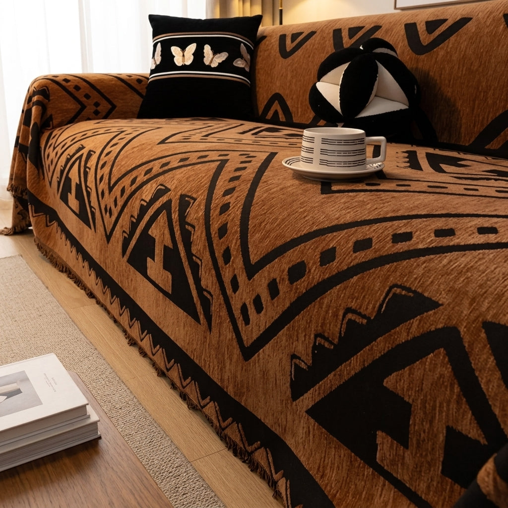 Sofa Cover with Geometric Pattern and Fringed Edges - bold triangles
