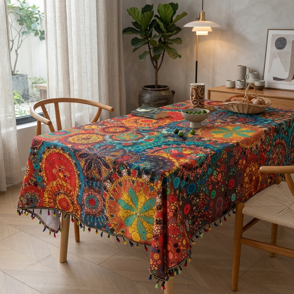 Rectangular tablecloth with boho decorative fringe