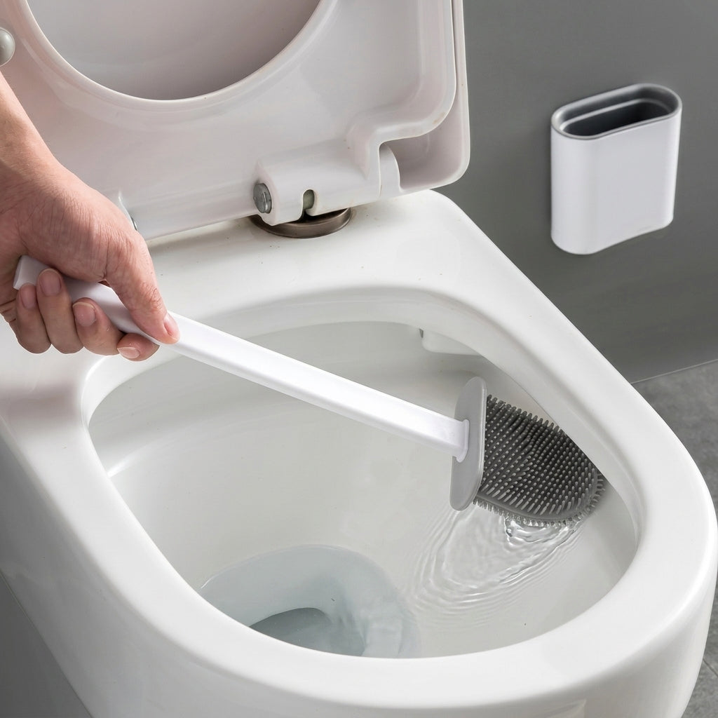 Silicone toilet brush with adhesive wall holder