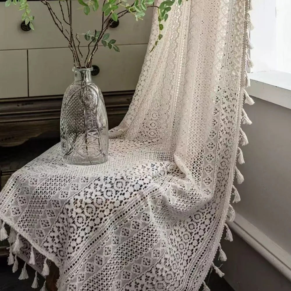 Boho geometric fringed sheer curtain with light filtering