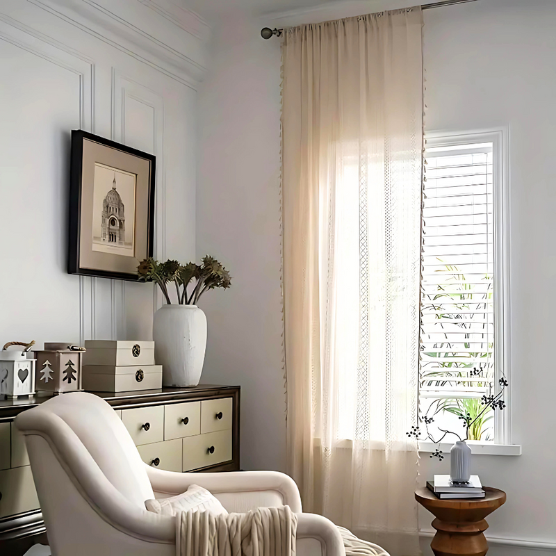 Boho geometric fringed sheer curtain with light filtering
