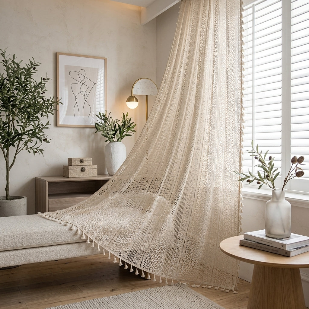 Boho geometric fringed sheer curtain with light filtering
