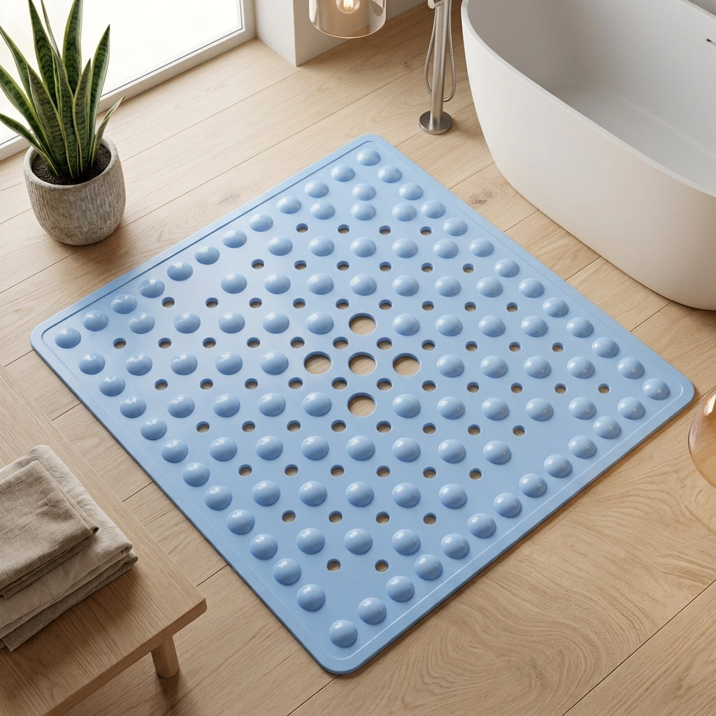 Shower Mat With Square Non Slip Drainage Holes - baby blue
