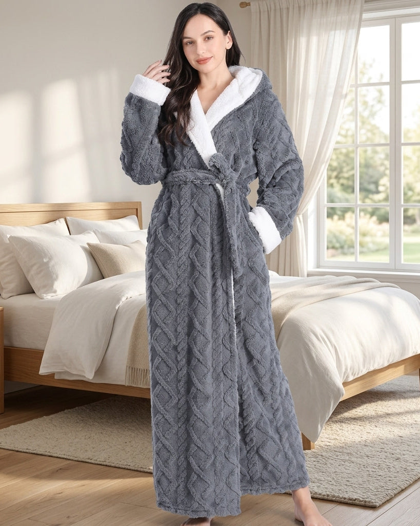 Women's hooded winter robe with belt and pockets - gray