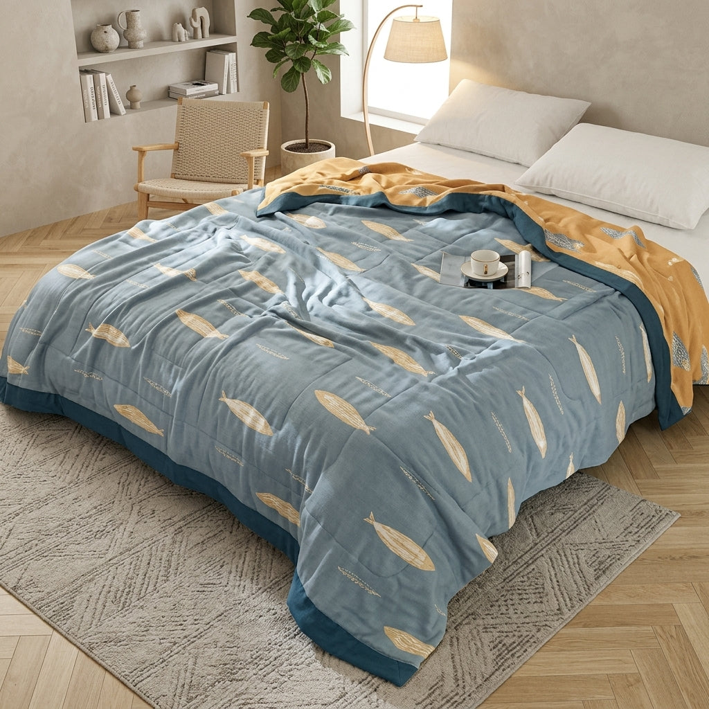Reversible fish pattern summer throw blanket for sofa - ocean blue