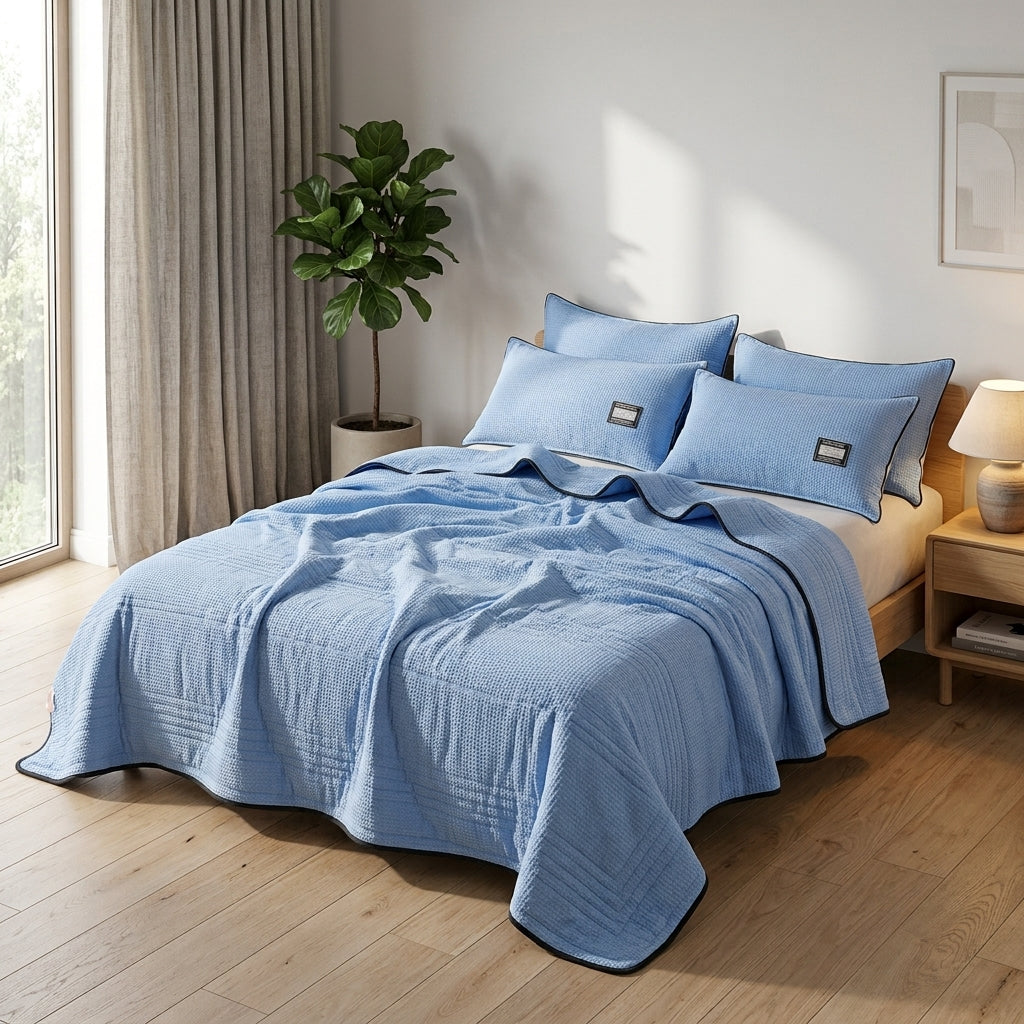 Quilted summer bedspread coverlet for bed - blue