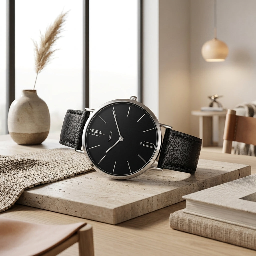 Watch for Men with Antique Style Minimalist Dial and Strap - black black