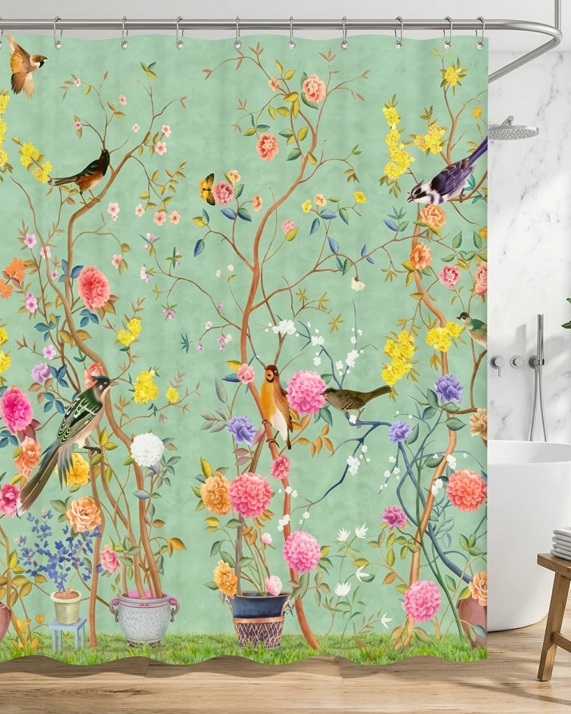 Shower Curtain With Floral Bird Pattern