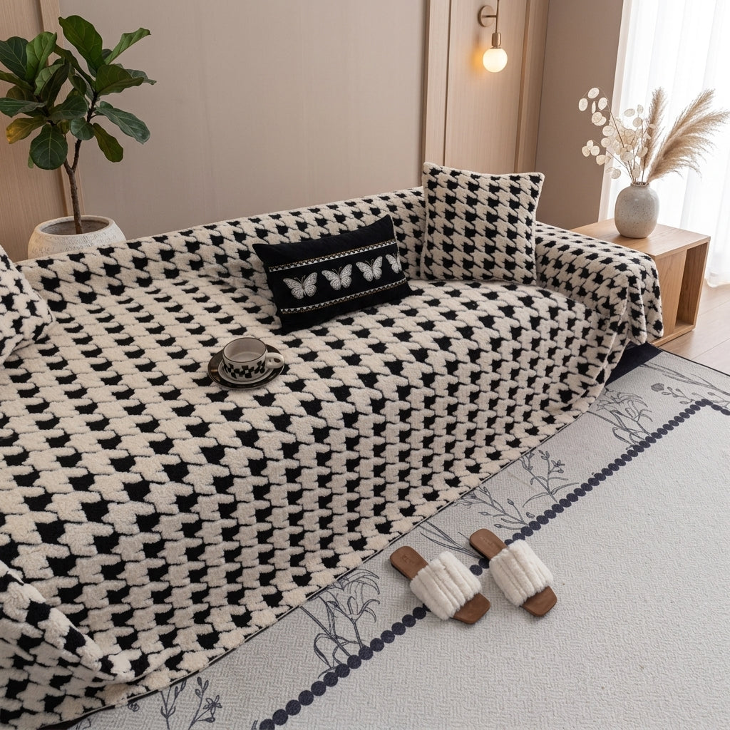 Quilted houndstooth universal sofa cover with non slip - beige