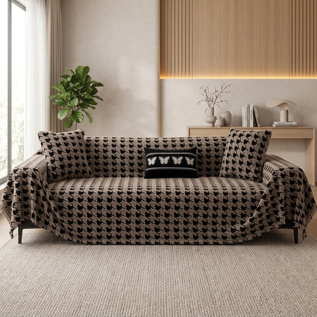 Quilted houndstooth universal sofa cover with non slip - taupe