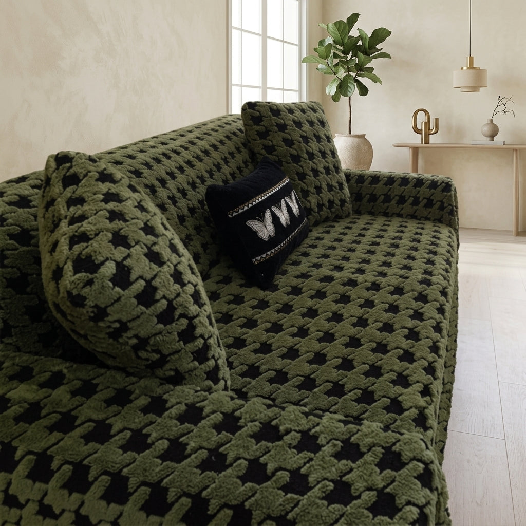 Quilted houndstooth universal sofa cover with non slip - green