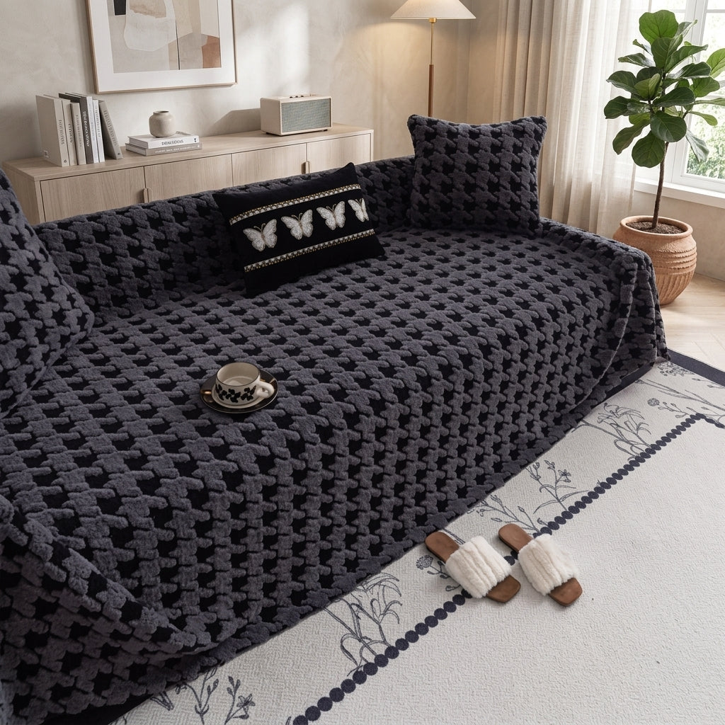 Quilted houndstooth universal sofa cover with non slip - dark gray