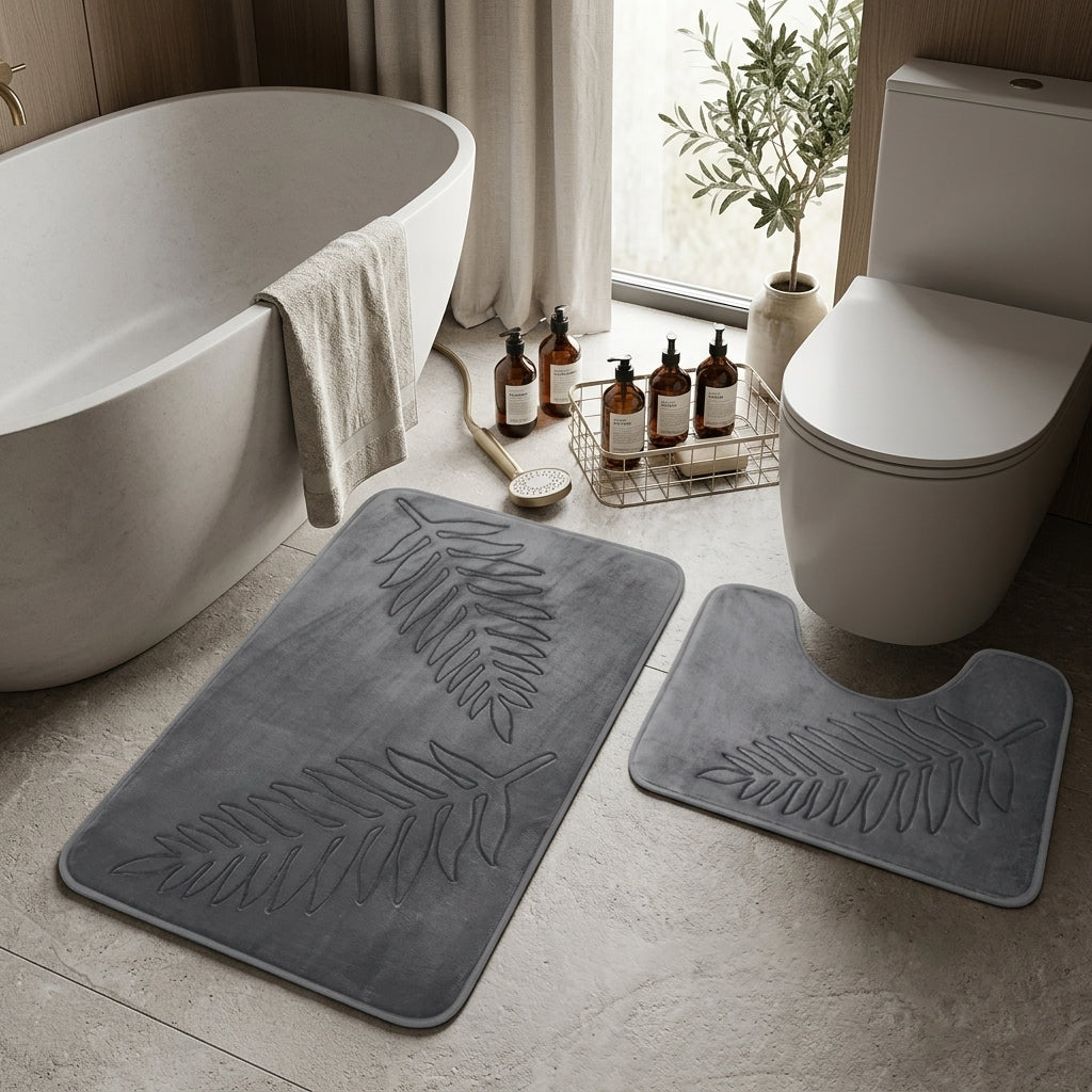 Leaf pattern non slip absorbent bathroom mat set - anthracite gray
