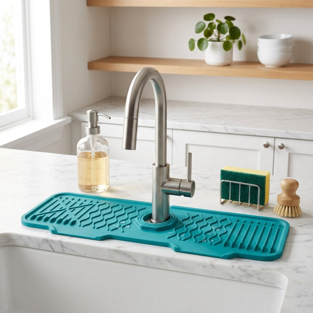 Silicone sink mat with drainage channels around faucet - ocean green