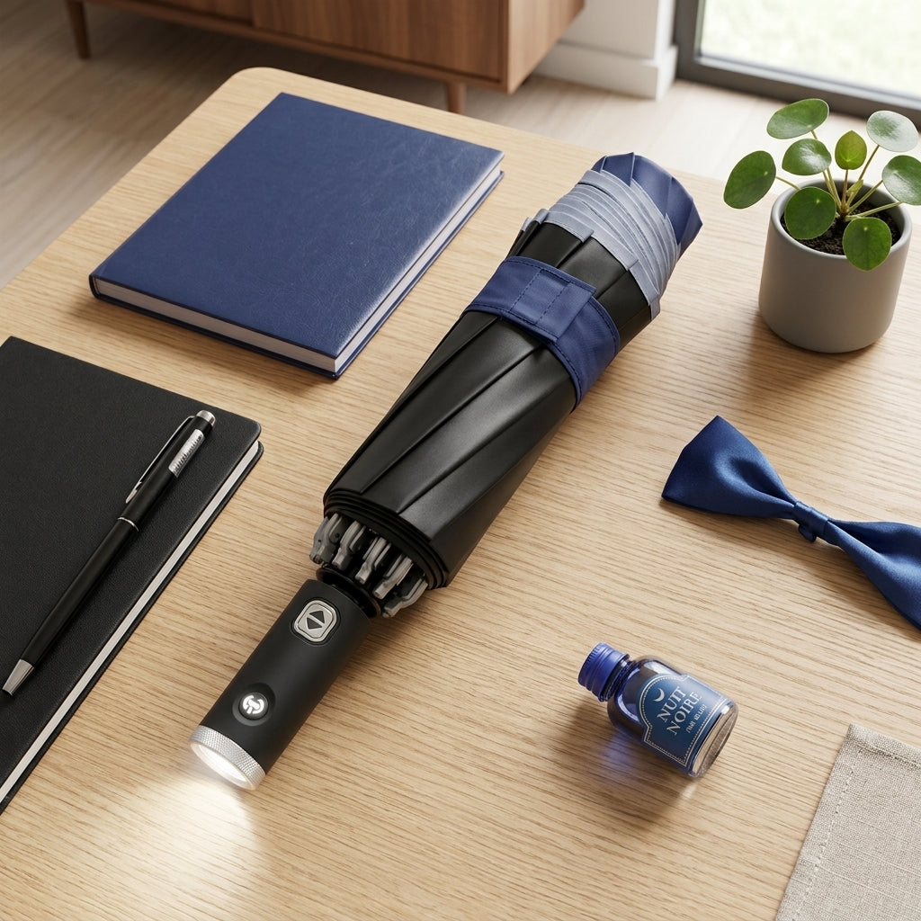 Automatic Umbrella with LED Flashlight and UV Sunshade - gray