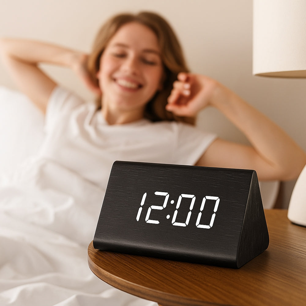 Digital Alarm Clock Modern Wood Effect LED