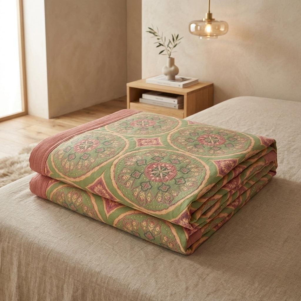 Blanket Reversible Ginkgo Leaf Summer Cotton - sage pink