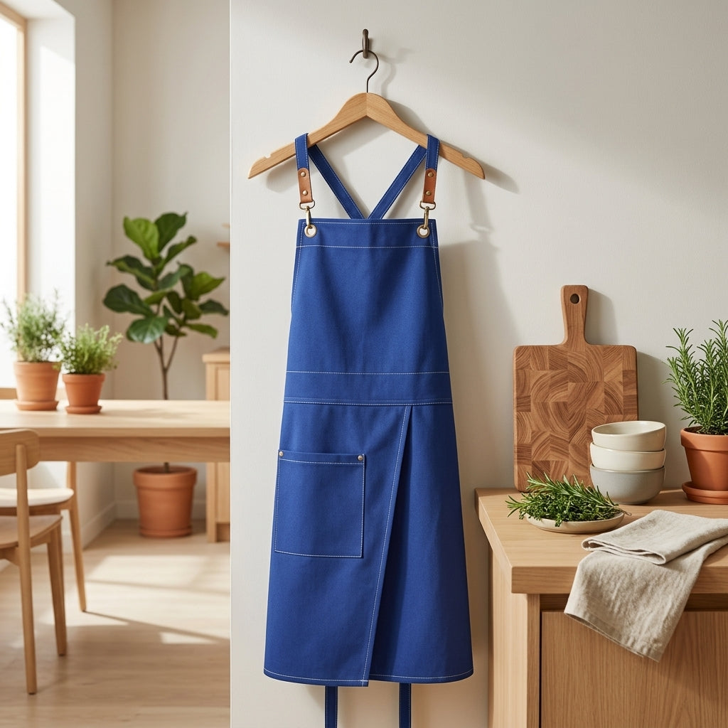 Kitchen Apron Adjustable Unisex Front Split Pockets - blue