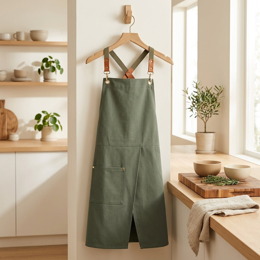 Kitchen Apron Adjustable Unisex Front Split Pockets - military green