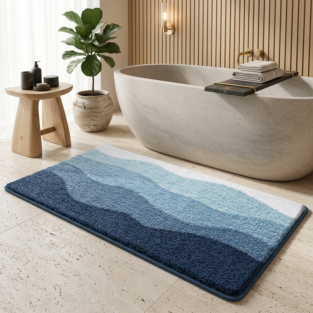 Bath Mat Wave Pattern Absorbent Non Slip Washable - ocean wave