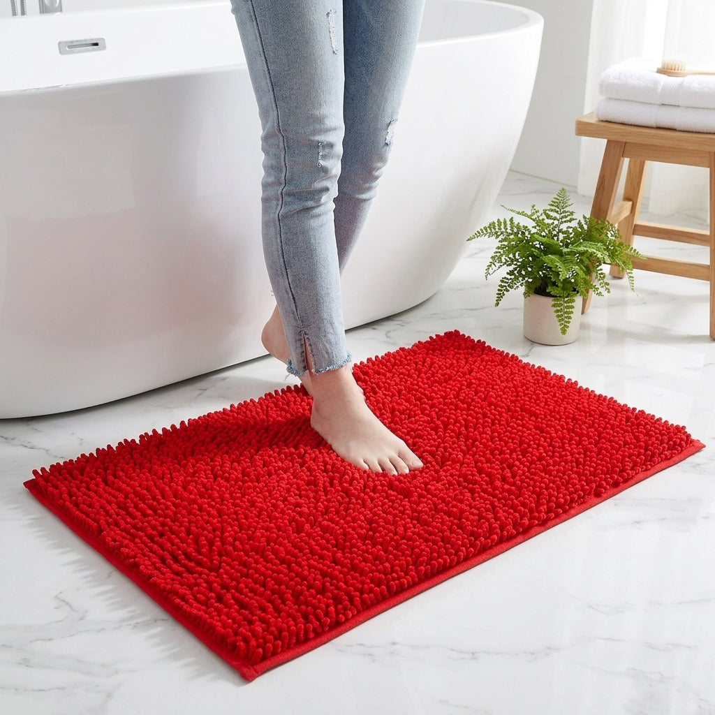 Bath Mat Chenille Non Slip Bathroom Rug - red