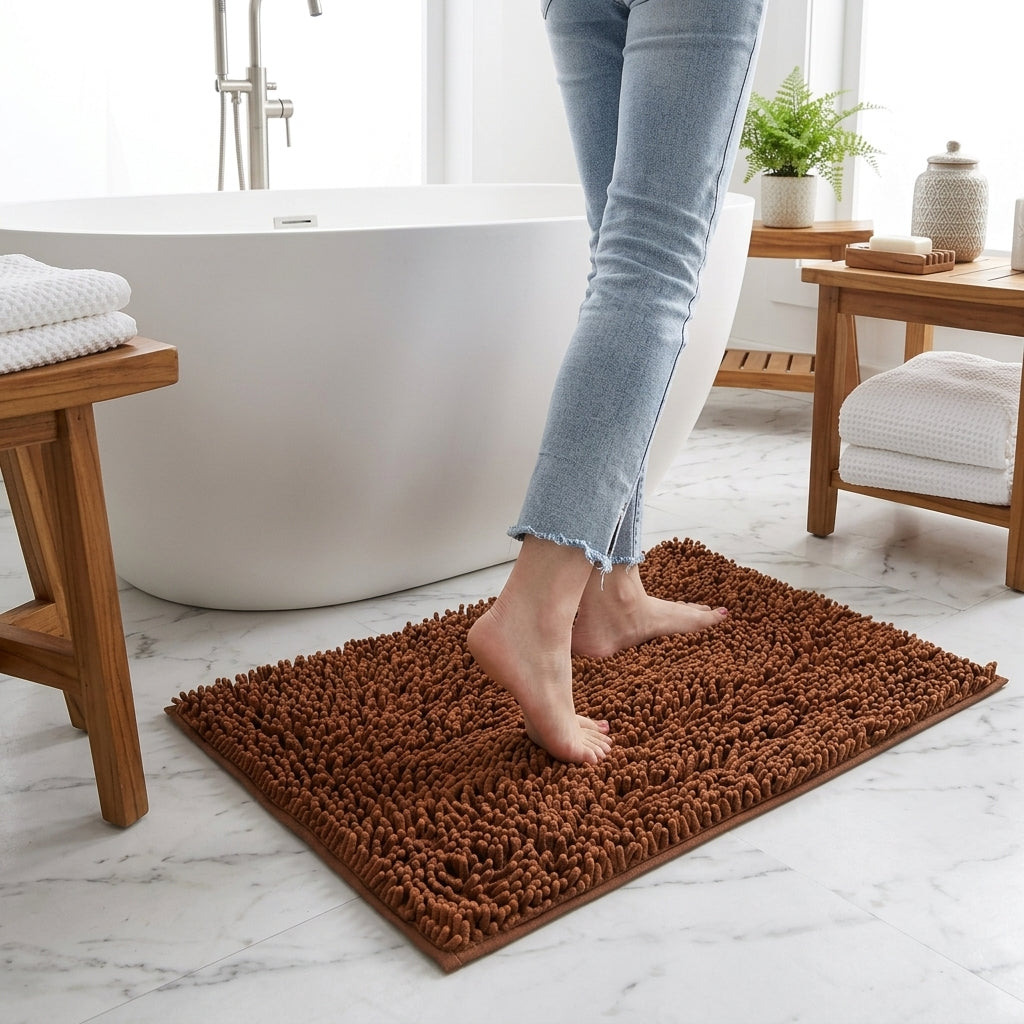 Bath Mat Chenille Non Slip Bathroom Rug - brown