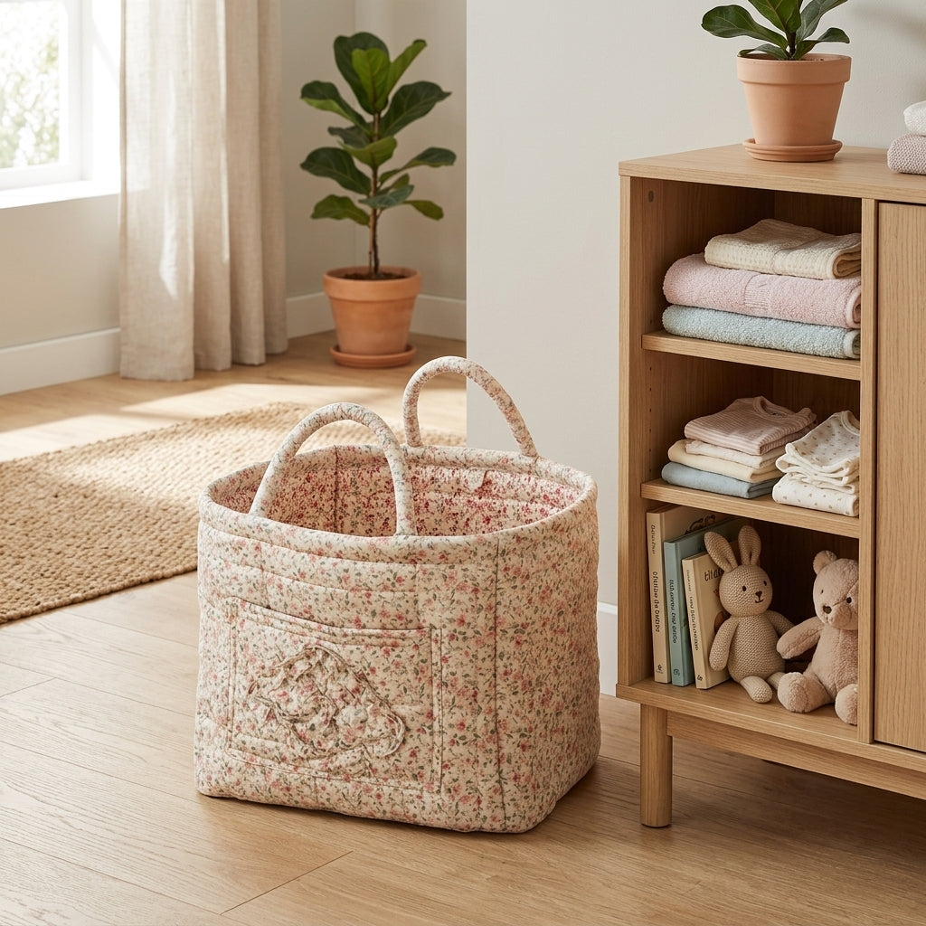 Storage Basket Floral Quilted Foldable Organiser - pink flower