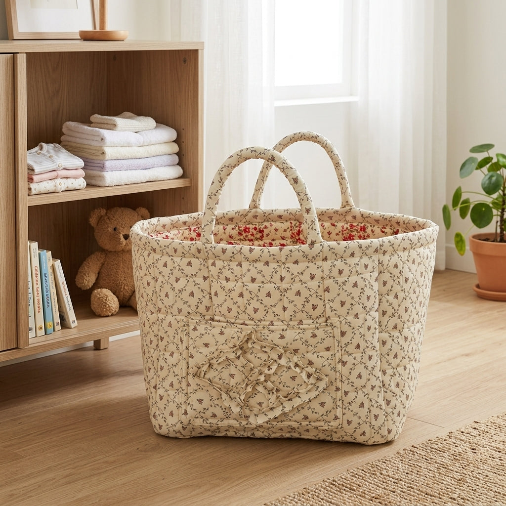 Storage Basket Floral Quilted Foldable Organiser - cream petals