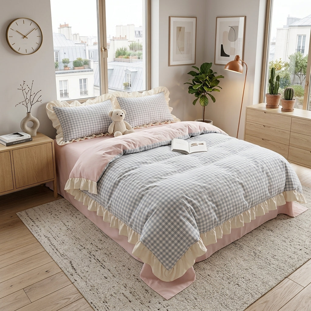 Chequered Ruffled Edge Bedding Set Bedroom - gingham sky