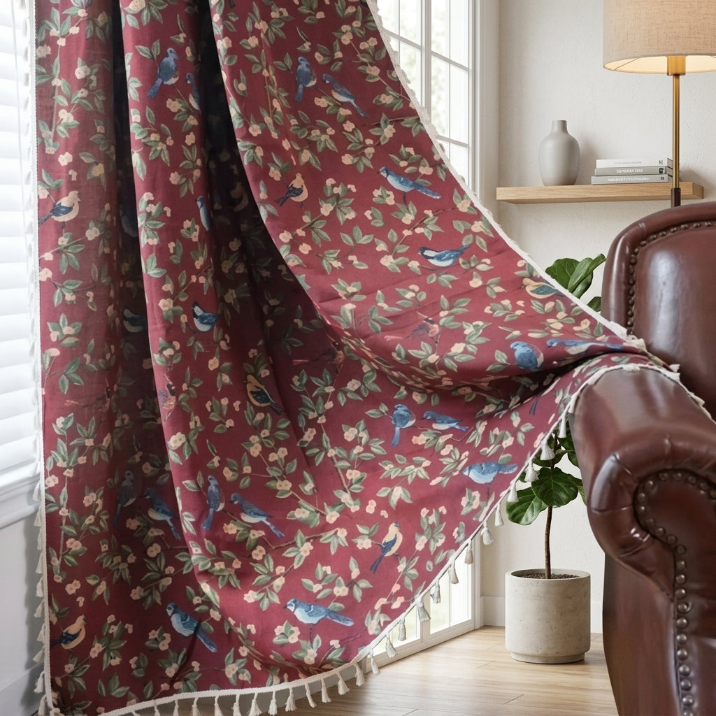Window Curtain Floral Woven Semi Blackout Tassels - cherry blossom