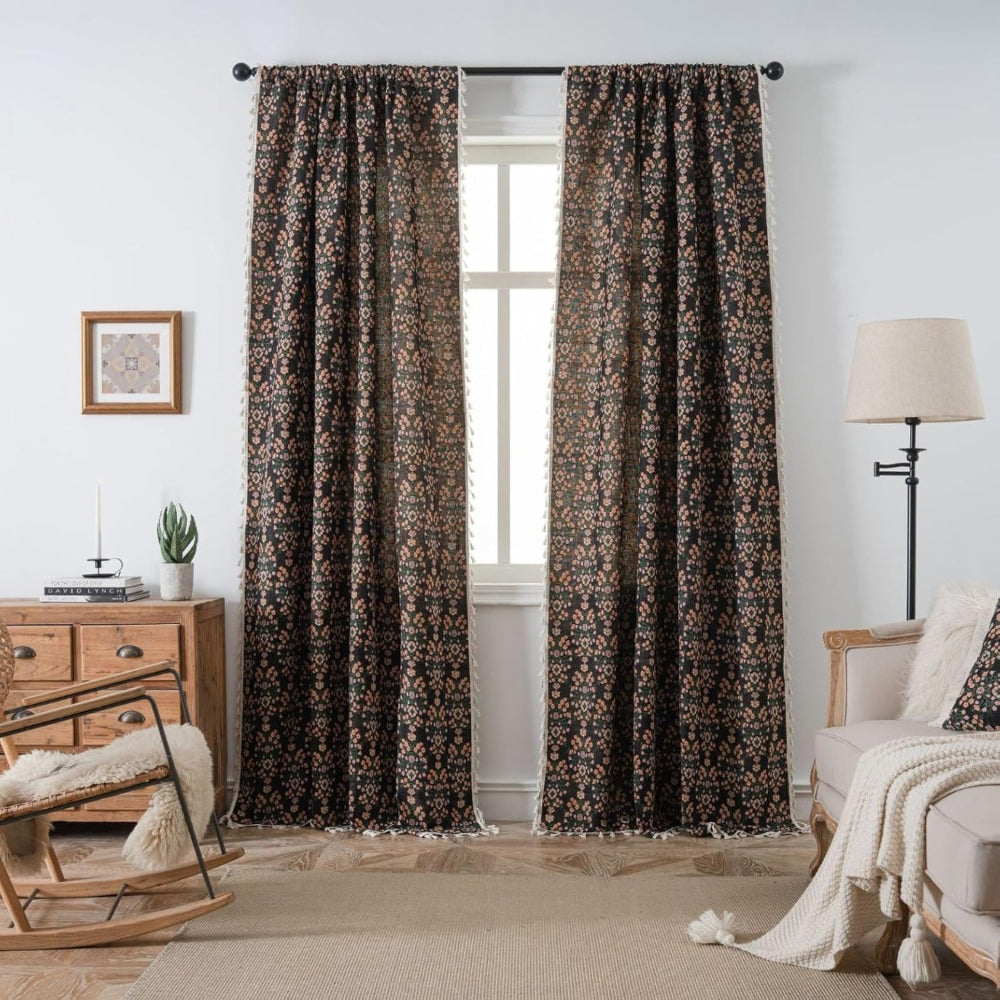 Window Curtain Floral Woven Semi Blackout Tassels