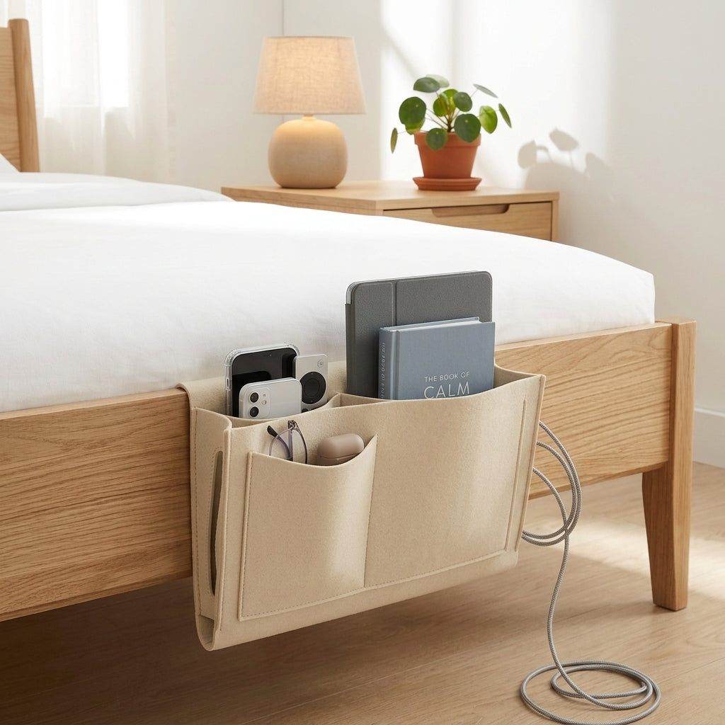 Bed Organizer Bedside Storage with Cable Slots - beige