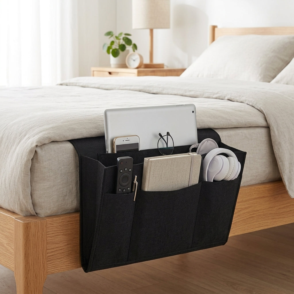 Bed Organizer Bedside Storage with Cable Slots - ebony