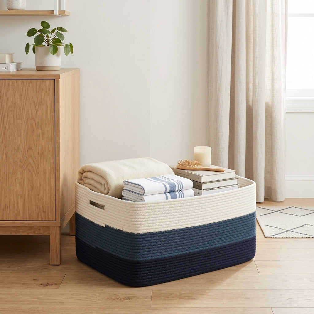 Storage Basket Woven with Handles Home Organisation - blue tricolour