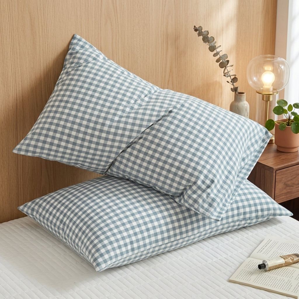 Pillowcase Cover Checkered Envelope Closure Bedding - light blue checkered