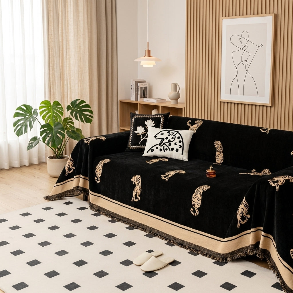 Sofa Cover Reversible Tiger Decorative Fringed Chenille - night panther