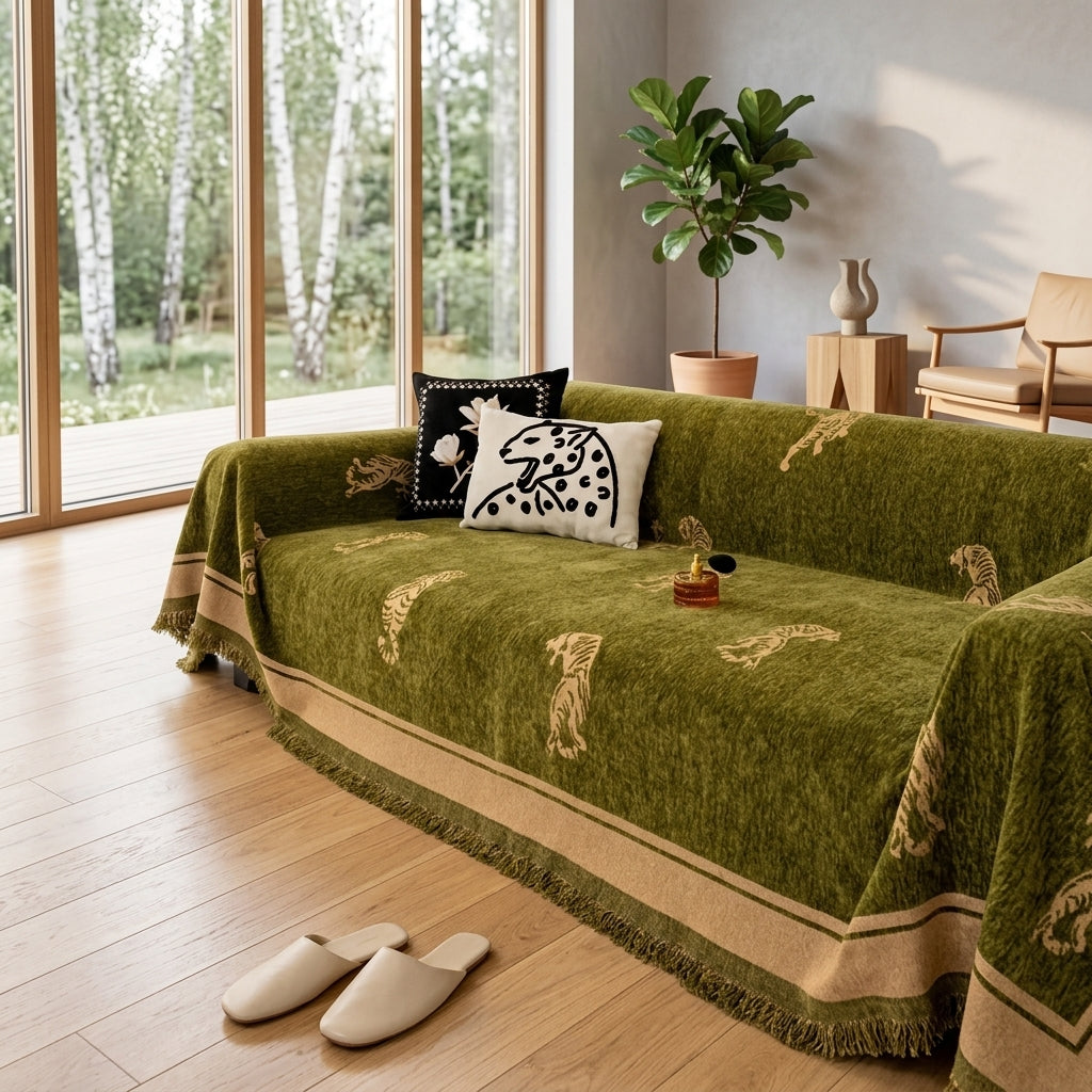 Sofa Cover Reversible Tiger Decorative Fringed Chenille - olive green