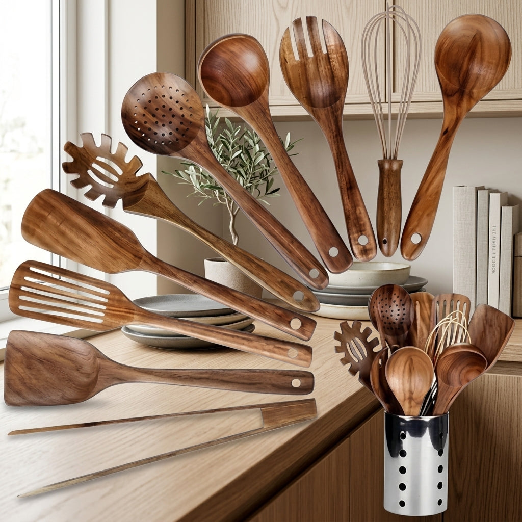 Kitchen Utensils 11 Piece Teak Set with Wooden Holder - brown