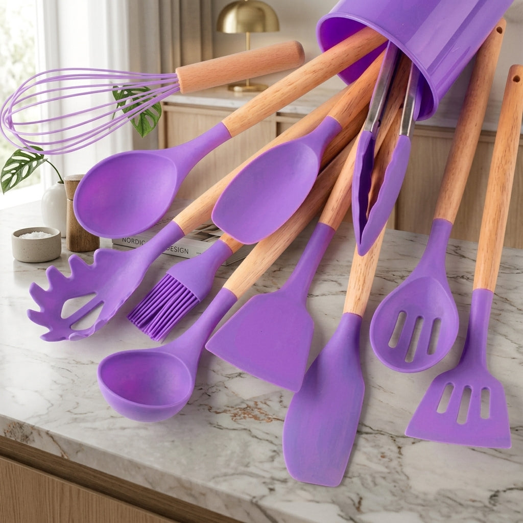 Kitchen Utensil Set with Silicone Heads and Wooden Handles - purple