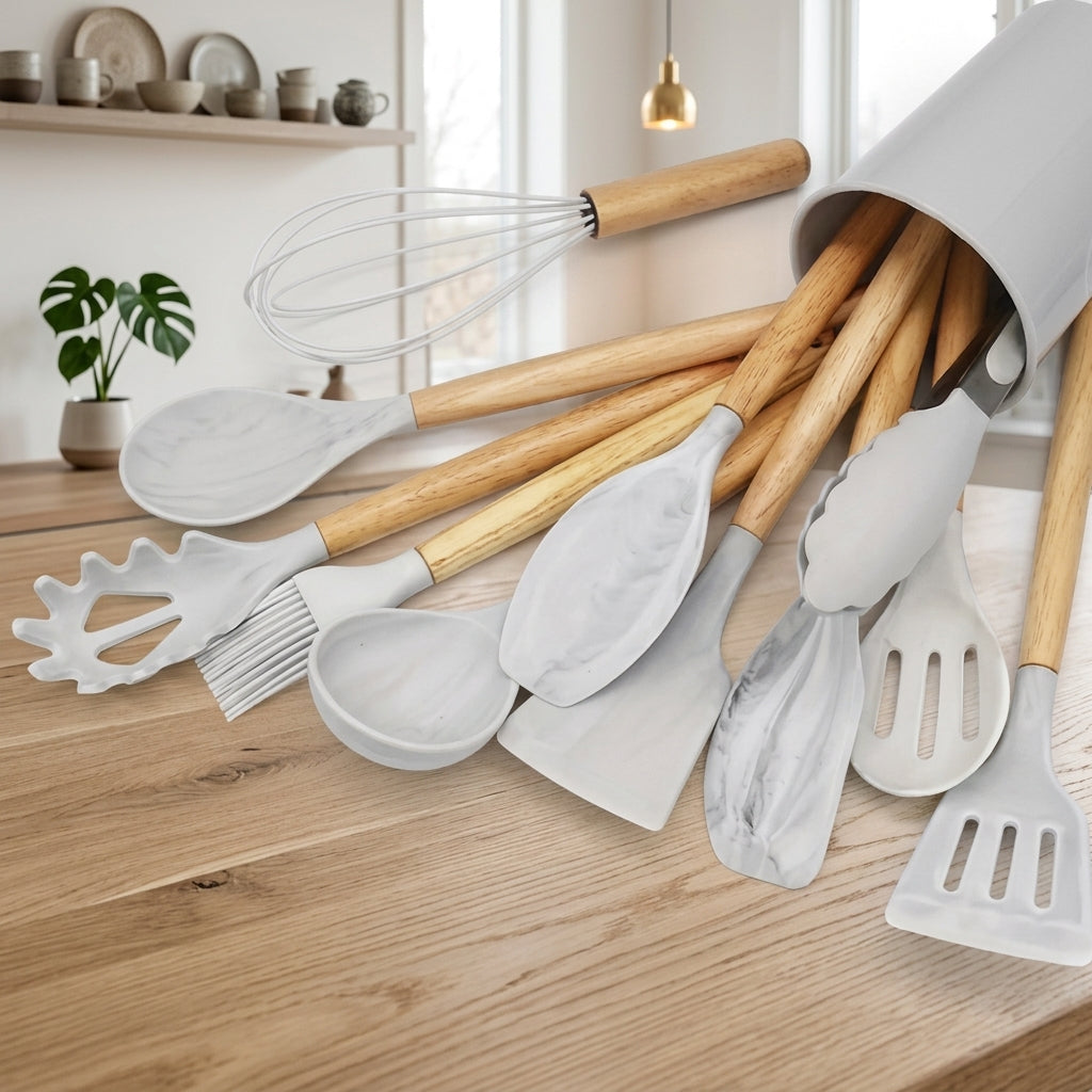 Kitchen Utensil Set with Silicone Heads and Wooden Handles - marbled