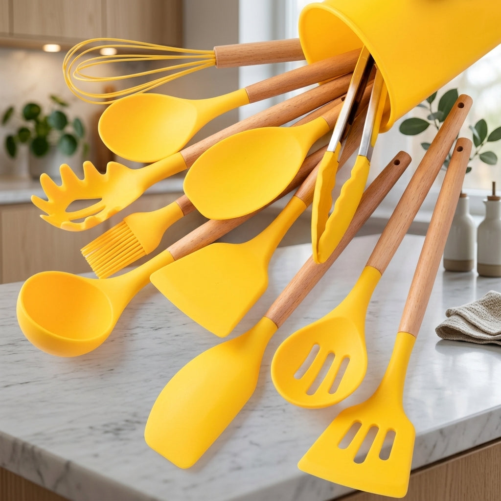 Kitchen Utensil Set with Silicone Heads and Wooden Handles - lemon yellow