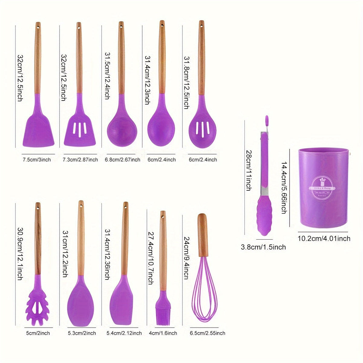 Kitchen Utensil Set with Silicone Heads and Wooden Handles