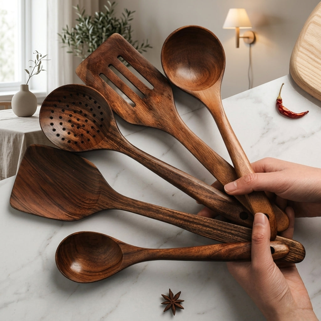 Wooden Kitchen Utensil Set with Spatula and Ladle - dark brown