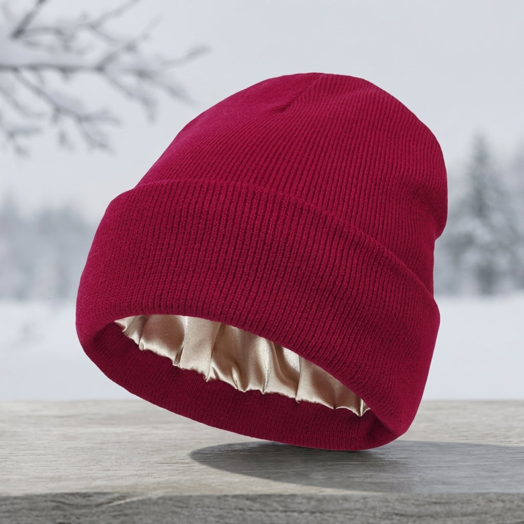 Winter Hat with Silk Lining for Cold Weather - bordeaux-red