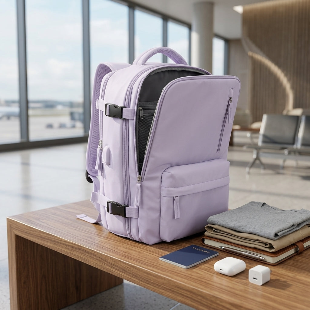 Hiking backpack with multiple compartments and zipped pockets - purple